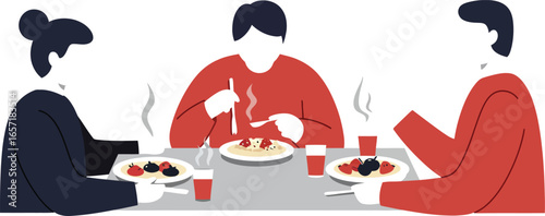 Family enjoying dinner together with steaming food and drinks in a minimalistic home setting vector illustration 