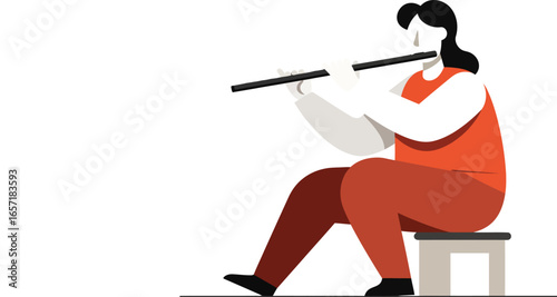 Person playing flute sitting on stool vector illustration in simple flat style with orange and white colors 