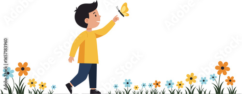Boy in yellow sweater walking with butterfly on finger among colorful flowers vector illustration 