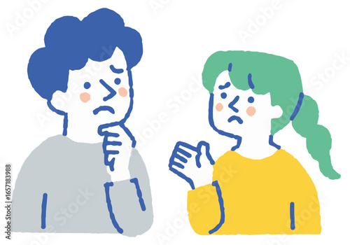 Young men and women with troubled expressions_Color