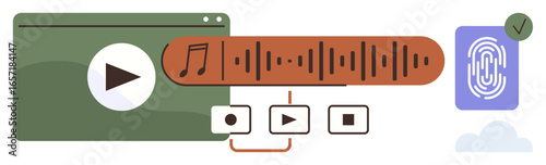 Media player window with control buttons, soundwave, and fingerprint authentication. Ideal for technology, security, media playback, authentication, innovation, digital access simple flat metaphor
