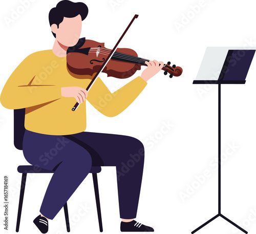 Man playing violin with music stand in simple vector illustration style for music practice and performance concepts