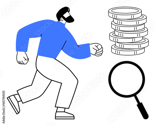 Person walking quickly toward coins and magnifying glass signifying wealth pursuit, analysis, focus. Ideal for finances, investments, business, research, planning, growth achievement concepts