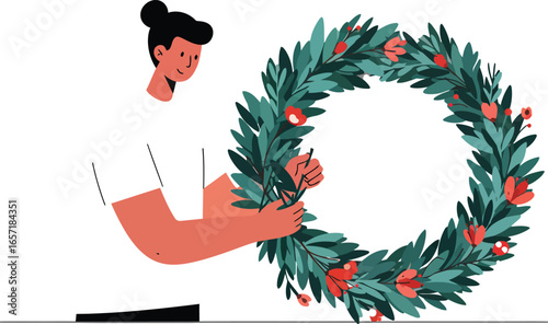 Person Decorating Green Christmas Wreath with Red Berries Vector Illustration for Holiday Season Decoration 