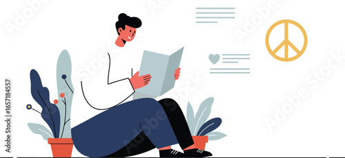 Man sitting reading newspaper with peace symbol and social media icons vector illustration 