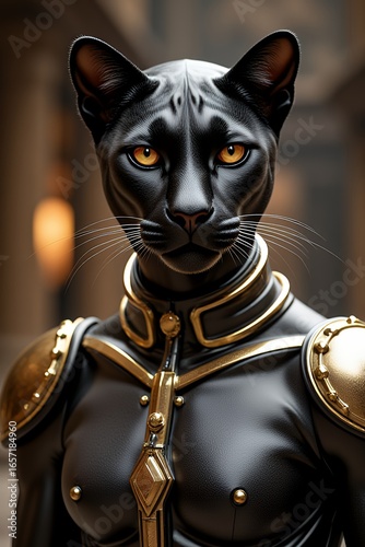 Majestic Black Cat Warrior in Gold Armor