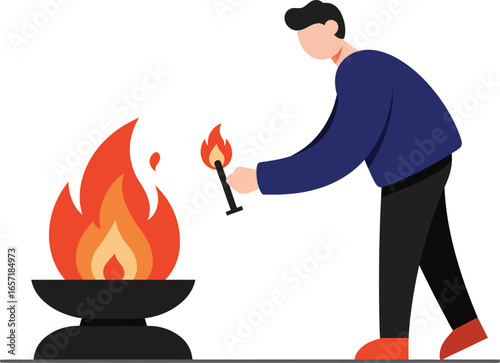 Man lighting fire with torch near metal bowl flame vector illustration with dark blue and red colors 