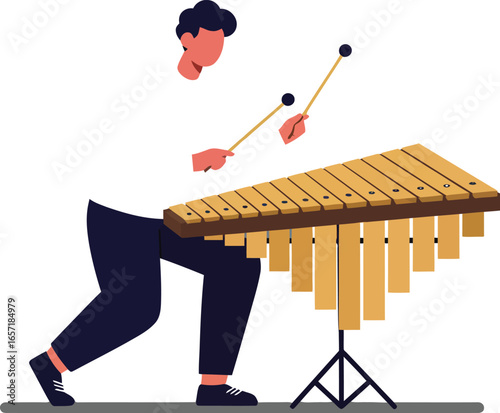 Musician playing marimba percussion instrument with mallets in simple vector style 