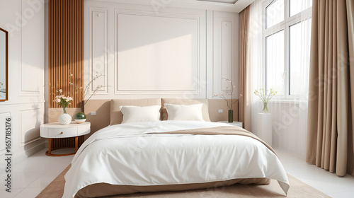 Modern luxury elegant bedroom with spring vibes with flowers and bed with white sheets. interior decoration. Well-appointed interior design. template.