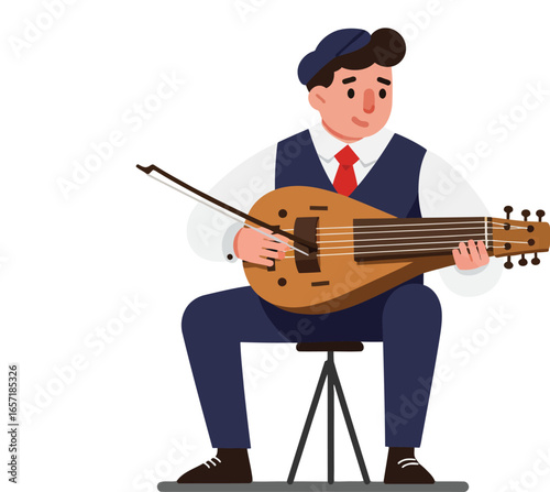 Man playing oud musical instrument sitting on stool vector illustration in flat style 