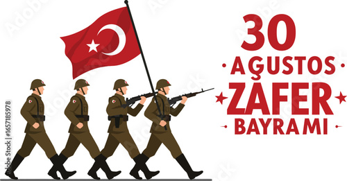 Turkish soldiers marching with national flag celebrating 30 Ağustos Zafer Bayramı victory day vector illustration 