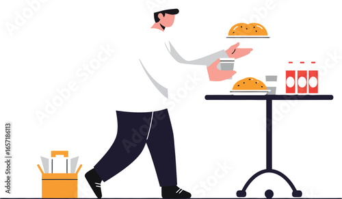 Chef preparing food and drinks on table in kitchen cooking illustration vector design 