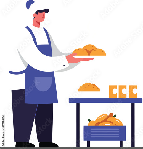Male baker serving fresh baked bread with apron and chef hat in bakery kitchen vector illustration 