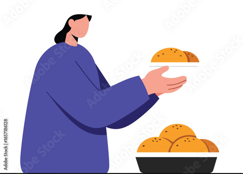 Person holding freshly baked bread loaf with bowl of bread on table vector illustration 