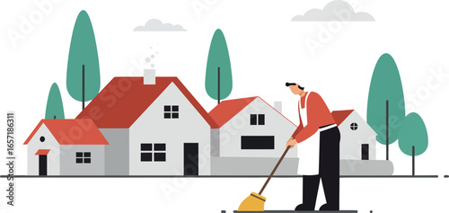 Man Sweeping Yard Near Houses with Red Roofs and Green Trees Vector Illustration 