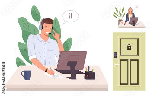 Customer service agent with headset at desk using computer, manager supervising remotely, and locked door symbolizing access control. Ideal for remote work, customer support, communication, security