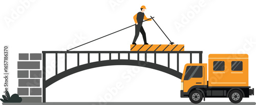 Construction worker walking on a suspended platform above arch bridge with orange construction truck vector illustration 