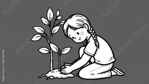 Black and white sketch animation of a child planting a small tree with a shovel, eco-friendly educational theme.