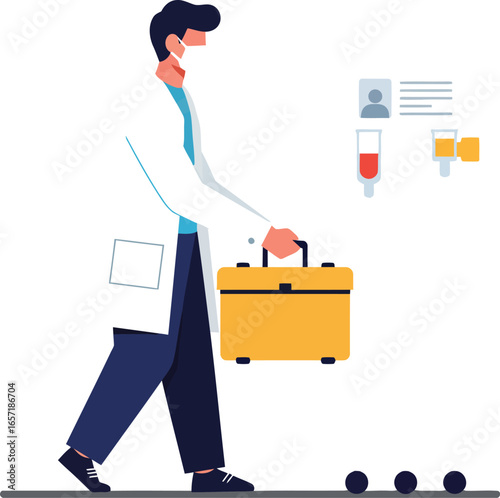 Male doctor wearing mask walking with medical briefcase and blood test tube vector illustration 