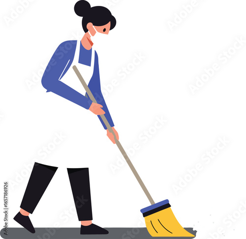 Woman cleaning floor with mop in simple flat vector style for housekeeping and janitorial service illustration