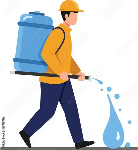 Pest control worker spraying insecticide with backpack sprayer vector illustration in flat style 