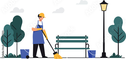 Park janitor cleaning outdoor public park bench with broom and buckets in urban setting vector illustration 