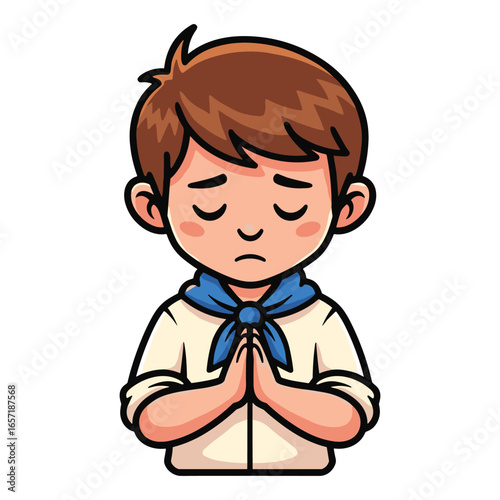 Cartoon Boy Praying Vector Illustration Character of a Young Child Isolated on White