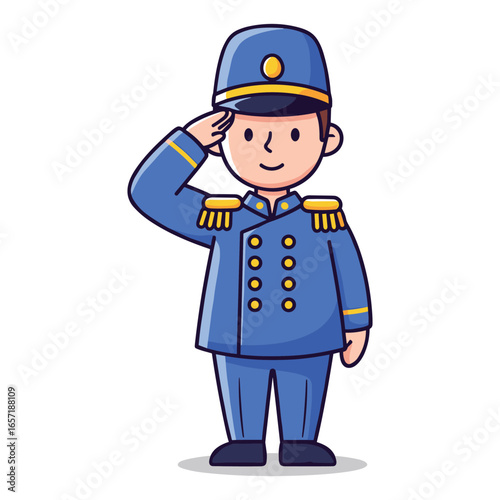 Cartoon Illustration of a Young Boy Dressed in a Blue Military Uniform with Hat Character Design