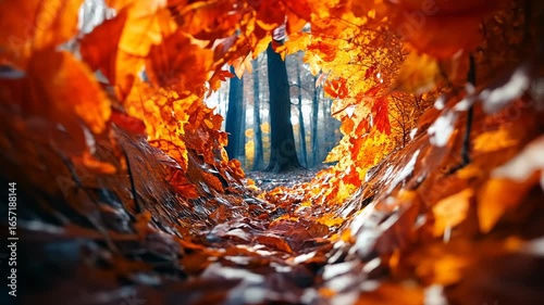 A vibrant tunnel of autumn leaves leads into a serene forest, illuminated by golden sunlight.