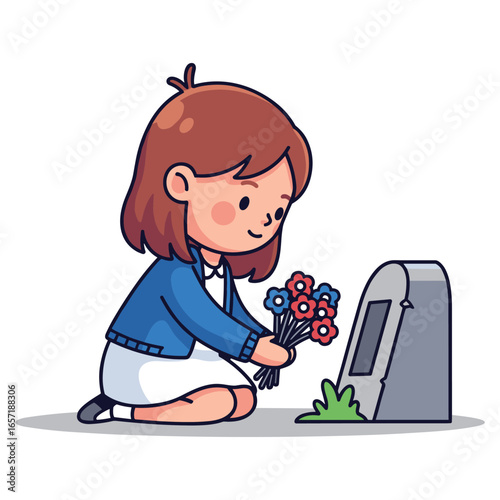 Girl with Flowers Visiting Grave: Memorial Illustration, Remembrance, Cartoon Style Character, Grief