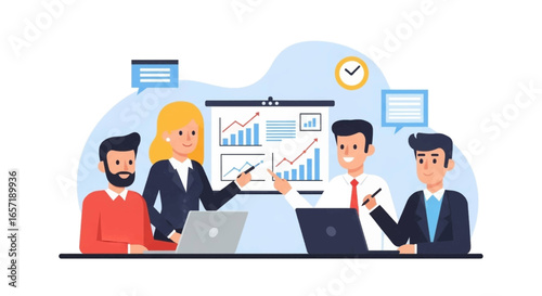 Business professionals collaborating in a meeting, analyzing data and strategizing for growth. Ideal for corporate, finance, and success concepts.