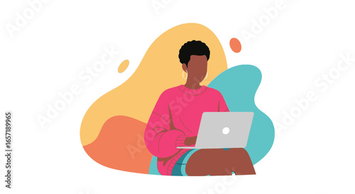 Young Black woman working or studying on a laptop from home. Represents remote work, digital lifestyle, education, and online connectivity.