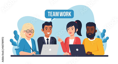 Diverse team of business professionals collaborating at a table with laptops, emphasizing teamwork and shared goals for success in an office setting.