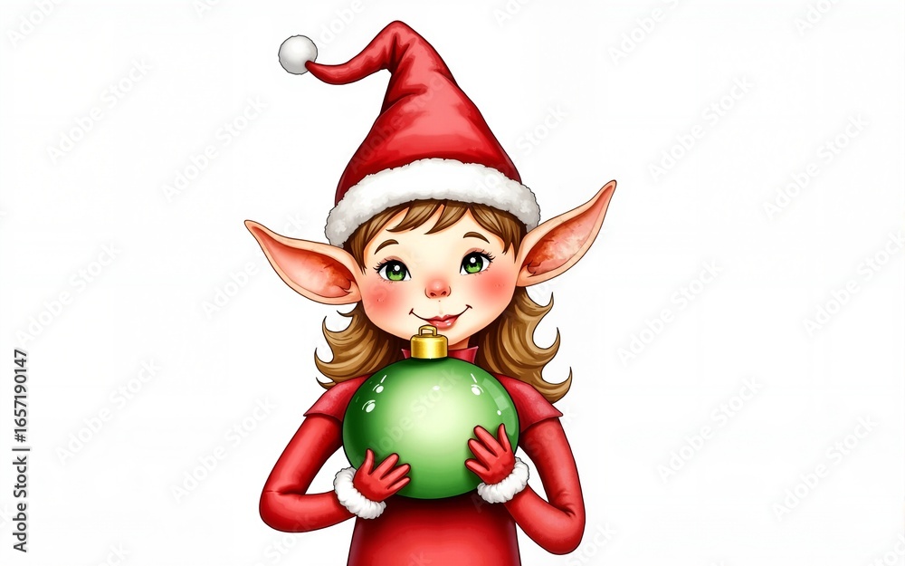 Fototapeta premium Christmas elf with festive hat holding Christmas ornament watercolor illustration. High quality
