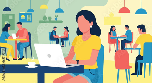 Productive woman using laptop in a bustling cafe, capturing modern work-life balance and digital connectivity. Ideal for business, technology, and lifestyle.