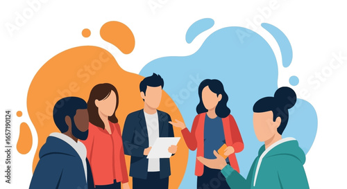 Diverse team collaborating, discussing ideas, or brainstorming in a dynamic business meeting or training session. Represents teamwork, communication, and innovation.