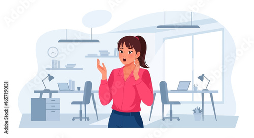 Surprised young woman in a modern office. Her shocked expression conveys sudden news or an unexpected problem at work. Ideal for business concepts.