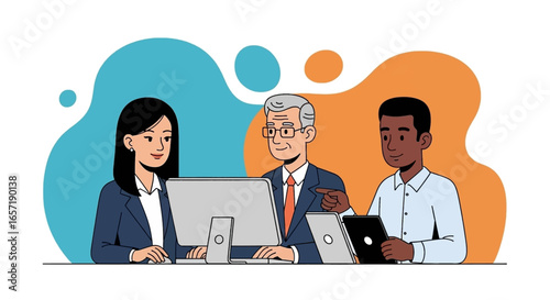 Diverse business team collaborating in a modern office setting, discussing ideas and working together on computers. Ideal for teamwork, corporate, or technology concepts.