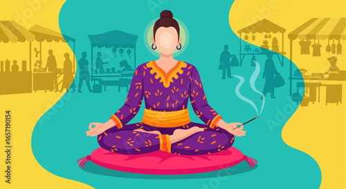 A serene person meditating with incense, finding inner peace amidst the bustling energy of a marketplace. Represents mindfulness, wellness, and cultural balance.