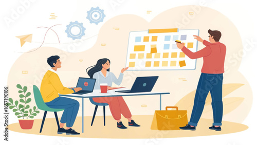 Team members collaborate, planning a project with sticky notes on a whiteboard in a vibrant office setting. Highlights business strategy, innovation, and effective teamwork.