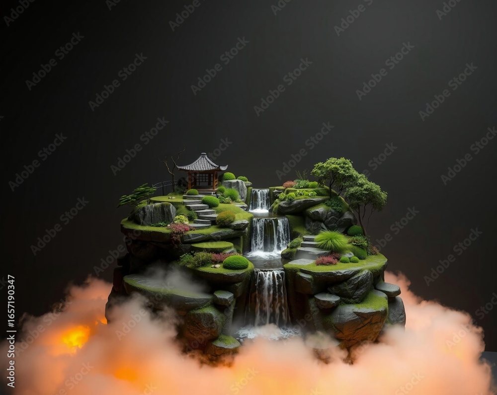 Fototapeta premium Serene Japanese Zen Garden Waterfall Sanctuary Landscape