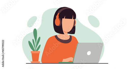 Focused woman wearing headphones works on laptop, ideal for concepts of remote work, online education, virtual meetings, or customer support.