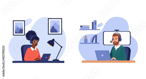 Diverse professionals collaborate remotely using headsets and laptops, representing online meetings, telecommuting, and virtual communication from home offices.