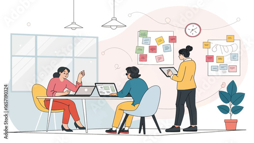 Three women collaborate in a modern office, engaged in a productive business meeting. Ideal for teamwork, planning, and creative solution concepts.
