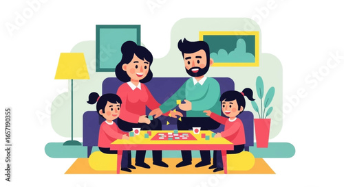 Happy family with parents and two daughters enjoying a fun board game at home, fostering bonding and quality time. Ideal for lifestyle and parenting concepts.