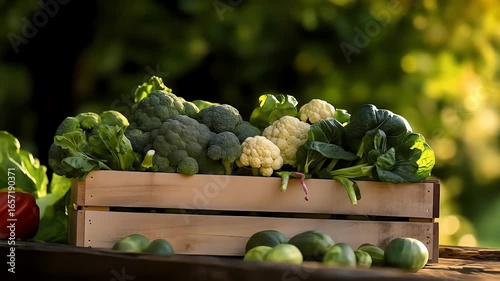 Wooden crate filled with broccoli and cauliflower outdoors