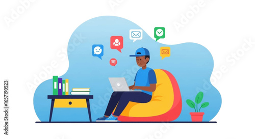 Person comfortably working remotely on a laptop, engaging with digital communication and social media from a relaxed home setting. Modern lifestyle and flexible work.