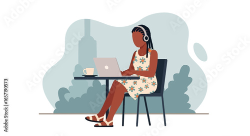 Young Black woman working remotely on a laptop at an outdoor cafe with headphones, ideal for digital nomad or flexible work concepts.