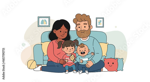 Happy diverse family bonding at home, parents with their two children, illustrating love, unity, and a joyful domestic life.