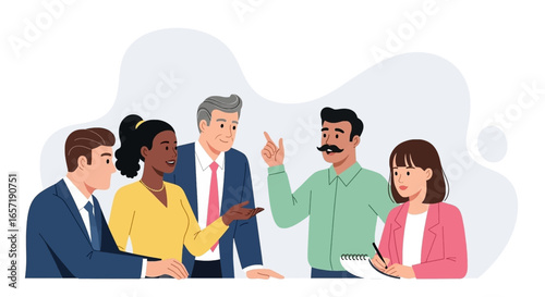 Diverse business professionals collaborate, discuss ideas, and strategize in a productive meeting. Represents teamwork, communication, and corporate success.